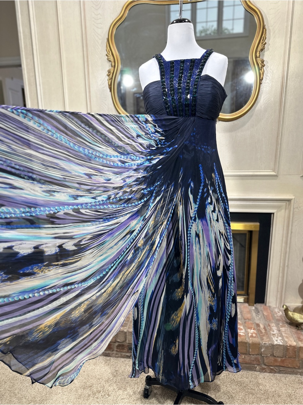 Jovani Dress 10 Blue Silk Beaded Gown Maxi Whimsigoth Mob Wife Y2K Vintage